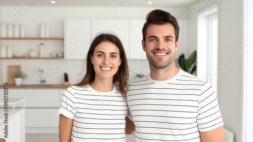 A man and woman are smiling for the camera in a white interior.