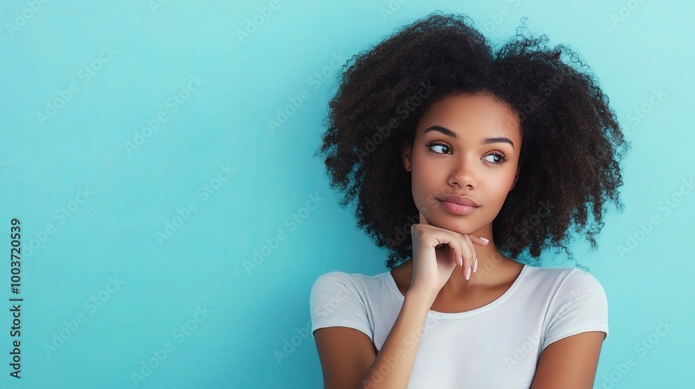Thoughtful Woman Against Blue Background Thoughtful Woman Against Blue Background