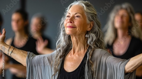 Embracing Wellness Joyful Senior Woman Leading a Yoga Class