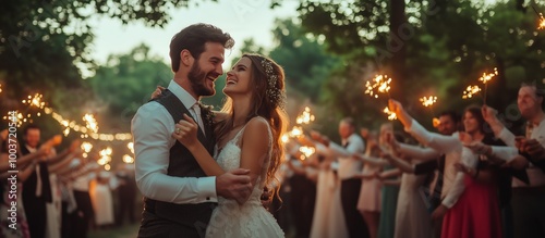 A romantic wedding moment with a couple dancing surrounded by loved ones holding sparklers, creating a magical atmosphere.