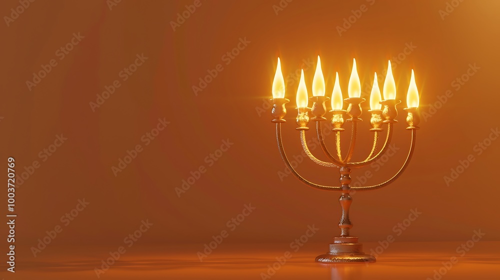 Fototapeta premium A beautiful nine-arm menorah, fully lit, set against a neutral background with space for text, glowing warmly in celebration of the Festival of Lights 