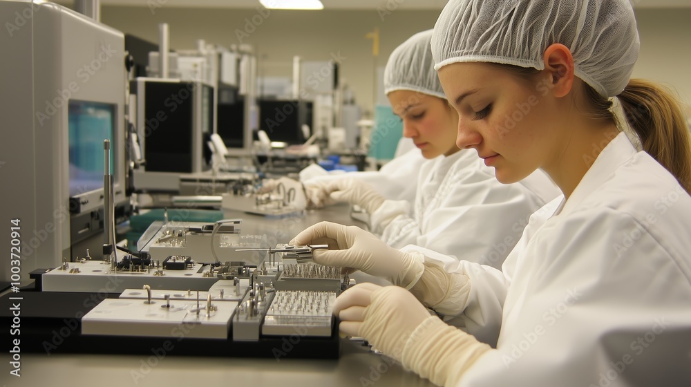 Laboratory technicians working diligently on electronic components in a modern research facility during a busy afternoon shift Laboratory technicians working diligently on electronic components in a modern research facility during a busy afternoon shift