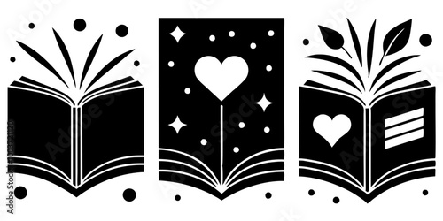 Three black and white books with hearts and leaves on them