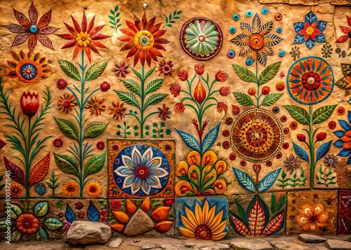 Vibrant tribal patterns adorn ancient stone walls in warm earthy tones evoking a sense of mystical cultural heritage.