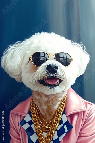 A Bichon Frise wearing a pink leather jacket with a blue tuxedo print, white fur, a gold chain necklace, and sunglasses, set against a blue background photo