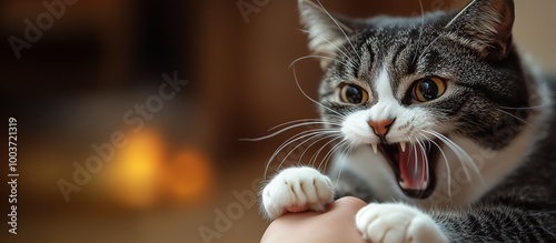 A playful cat expressing excitement, with wide eyes and an open mouth, showcasing its lively personality and interaction with a human.