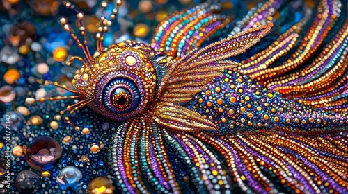 A bird figurine, crafted from vividly colored beads and glass beads, is prominently displayed against a tranquil blue backdrop Water