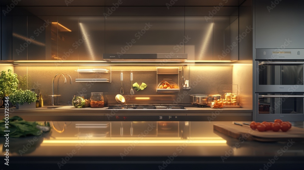 3D effect of a sleek kitchen with a detailed glass backsplash, high-tech appliances, and a dynamic 3D effect of a sleek kitchen with a detailed glass backsplash, high-tech appliances, and a dynamic