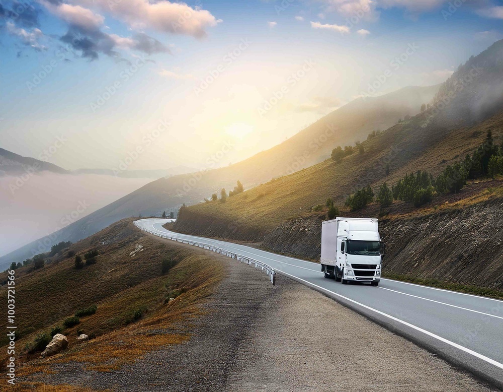 Truck on the road in the foggy mountains, landscape Truck on the road in the foggy mountains, landscape