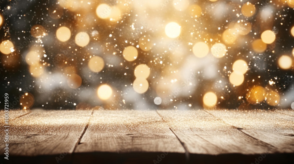 Wooden table surface with golden bokeh lights Wooden table surface with golden bokeh lights