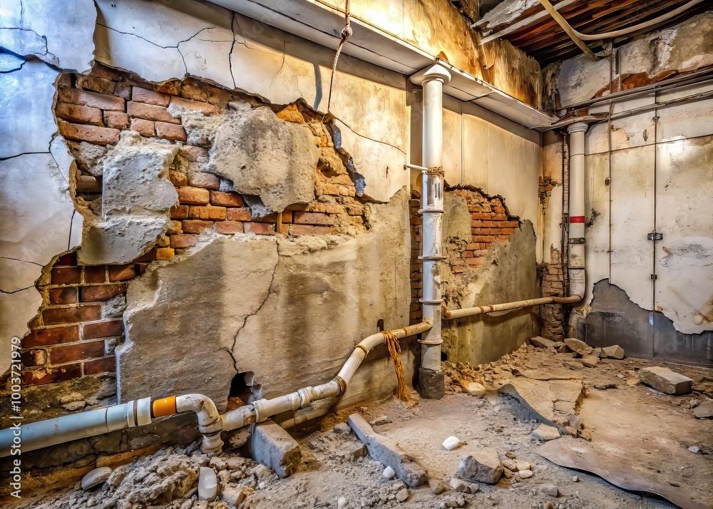 Image showcasing Cracked walls, exposed pipes, and crumbling concrete reveal severe ...