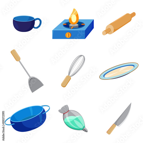 Collection of kitchen items in cartoon style