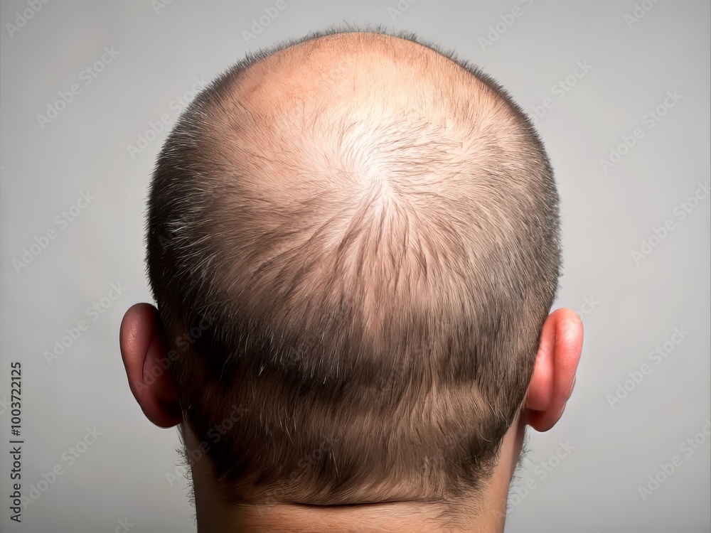 A close-up rear view of a balding head, showcasing a distinctive M-shaped hairline, symbolizing hereditary male pattern baldness and hair loss progression. A close-up rear view of a balding head, showcasing a distinctive M-shaped hairline, symbolizing hereditary male pattern baldness and hair loss progression.