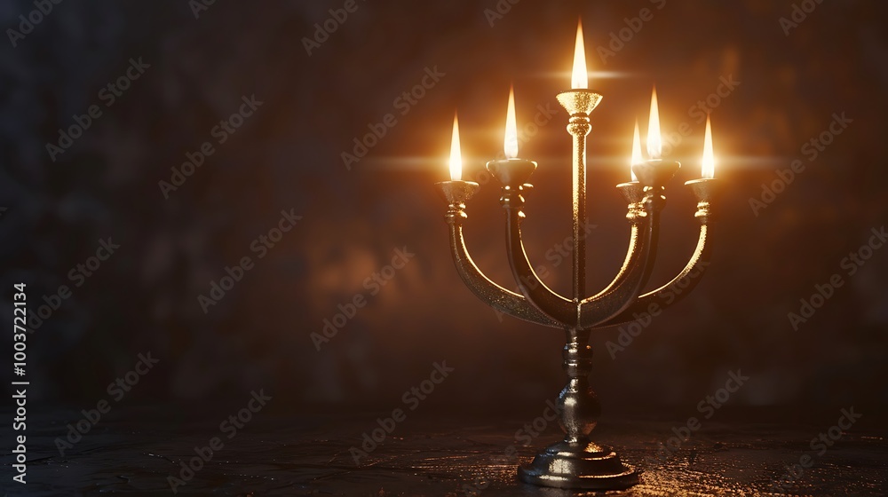 A glowing nine-branch menorah with all candles lit, standing tall on a simple background with copy space, casting soft shadows for an elegant and traditional design
A glowing nine-branch menorah with all candles lit, standing tall on a simple background with copy space, casting soft shadows for an elegant and traditional design