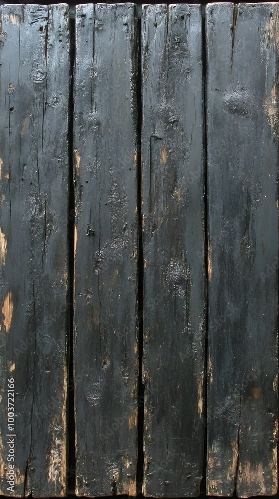 a close-up view of four vertical wooden planks. The wood appears to be weathered and has a dark, almost black finish with some lighter, natural wood tones showing through in places.
