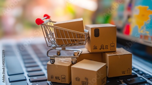 A shopping cart on a laptop with cardboard boxes, symbolizing online shopping and e-commerce delivery services.