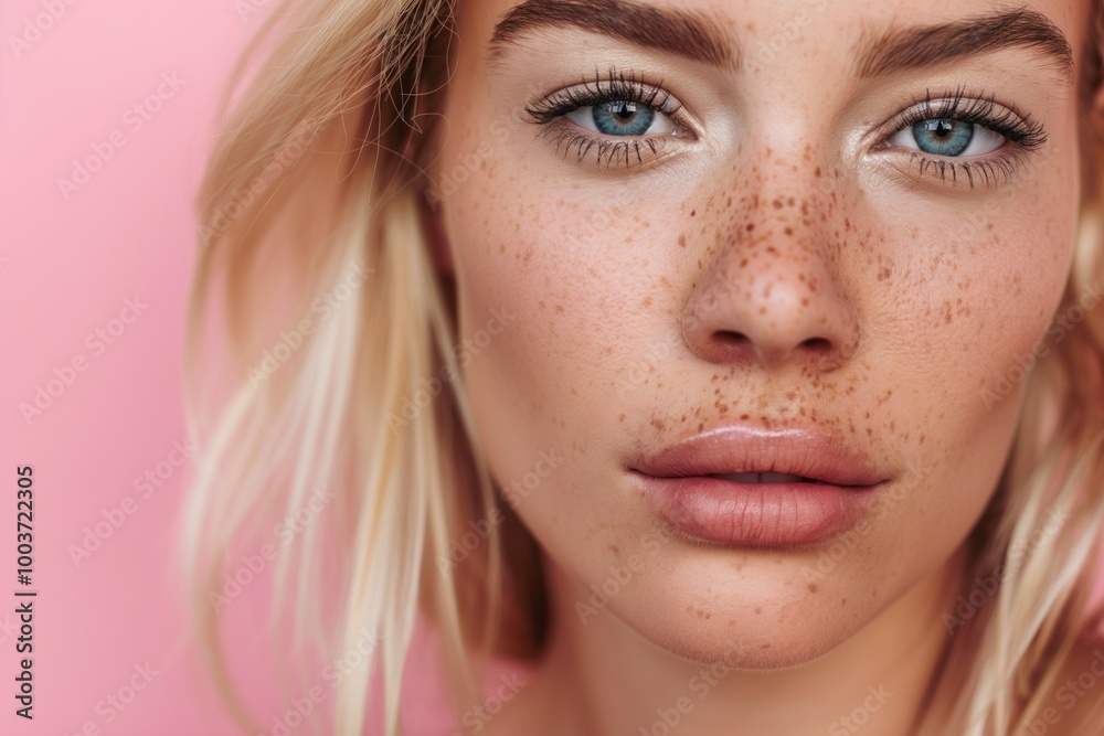 Fototapeta premium Close-up of young caucasian woman with freckles isolated on pink background. Beautiful blonde model with healthy skin and natural beauty. Perfect facial features and flawless skin care.