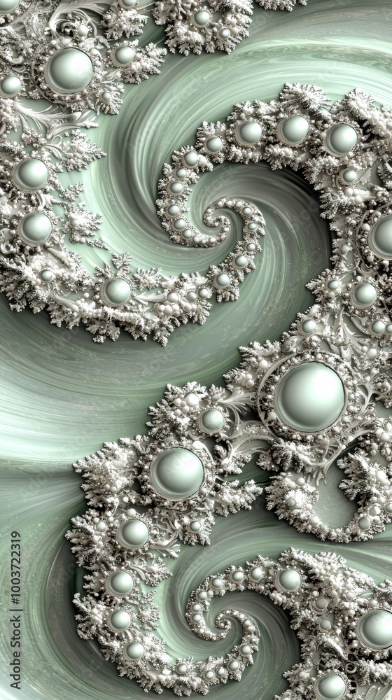 Obraz premium A computer-generated image features a swirl pattern adorned with pearls at the top, and pearls arranged at the bottom