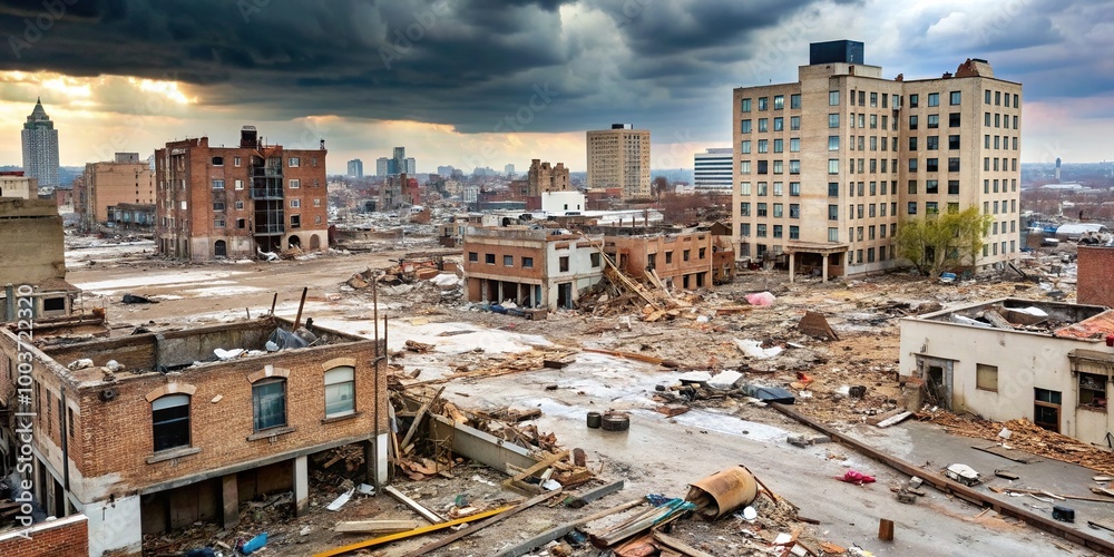 Devastated cityscape with damage from a severe hailstorm buildings in ...