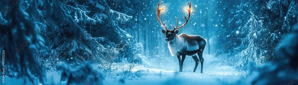 A majestic reindeer stands in a snowy forest, illuminated by soft glowing lights, creating a serene winter wonderland atmosphere.