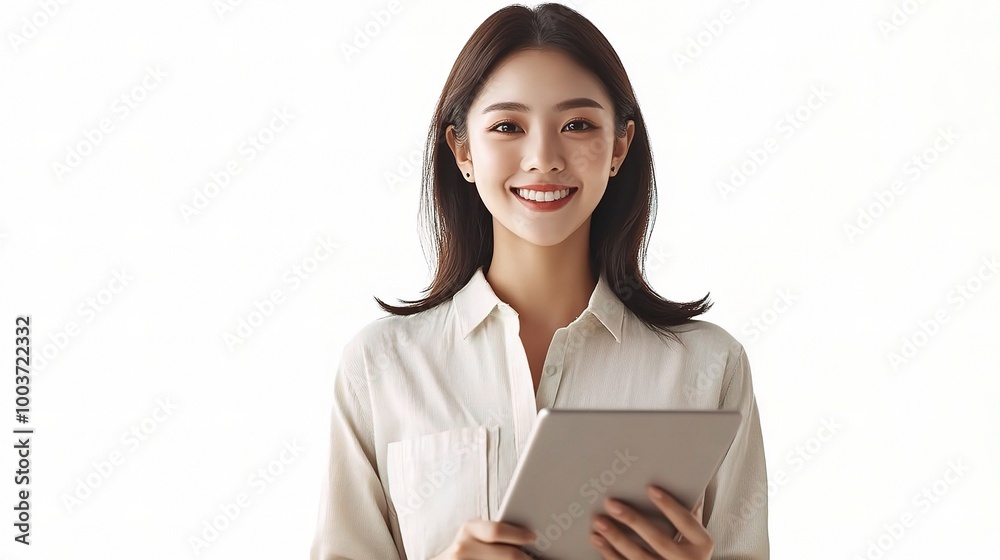 Smiling Woman Holding Tablet in Bright Background Smiling Woman Holding Tablet in Bright Background