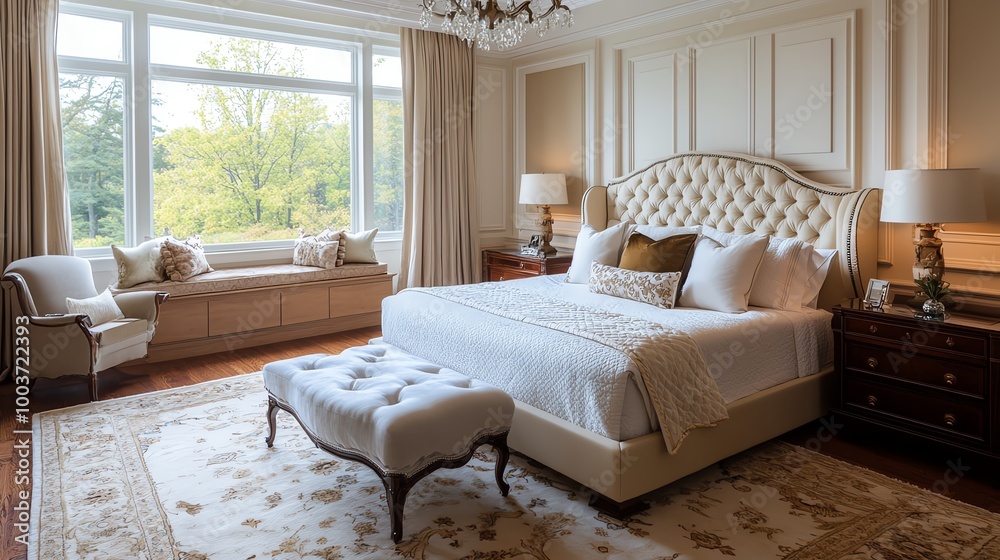 Fototapeta premium Elegant bedroom with large windows and plush bedding.