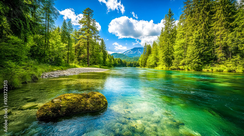 Crystal clear river flowing through forest landscape