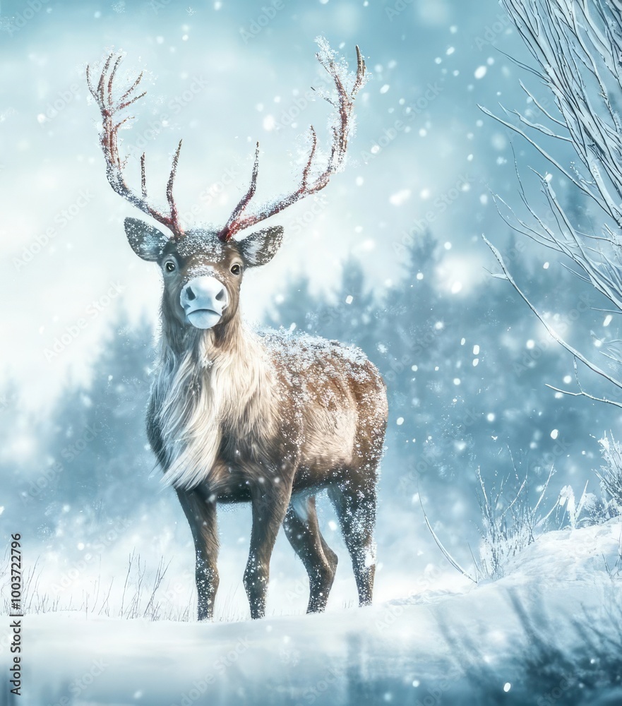 A festive deer stands in a snowy landscape, celebrating the New Year with a cheerful banner in a serene winter wonderland. A festive deer stands in a snowy landscape, celebrating the New Year with a cheerful banner in a serene winter wonderland.