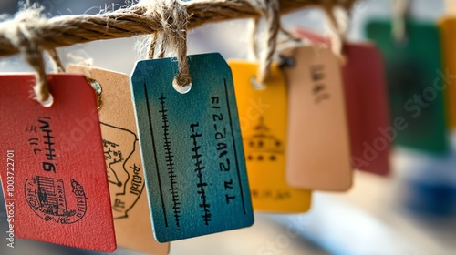 Colorful tags hanging in a row, showcasing various designs and textures, ideal for crafts or labeling purposes.