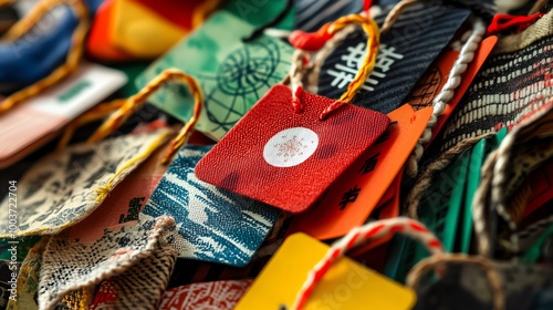 Colorful collection of decorative tags adorned with intricate designs, perfect for crafts or gift wrapping.