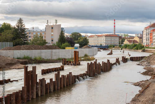 Flood wall in river basin of Svratka, Brno, Czech republic, floods after storm Boris, September 15, 2024.