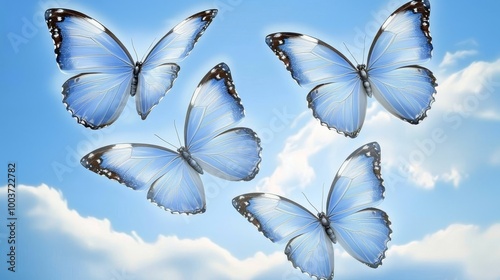  A collection of blue butterflies flight paths interweave against a backdrop of uninterrupted blue sky, punctuated by scattered white clouds