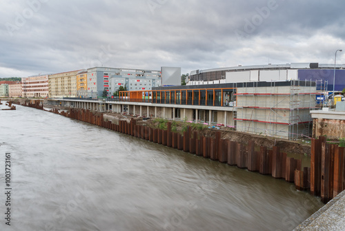 Flood wall in river basin of Svratka, Brno, Czech republic, floods after storm Boris, September 15, 2024.