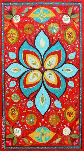  A painting featuring a red backdrop with a blue, yellow, and red bloom at its core