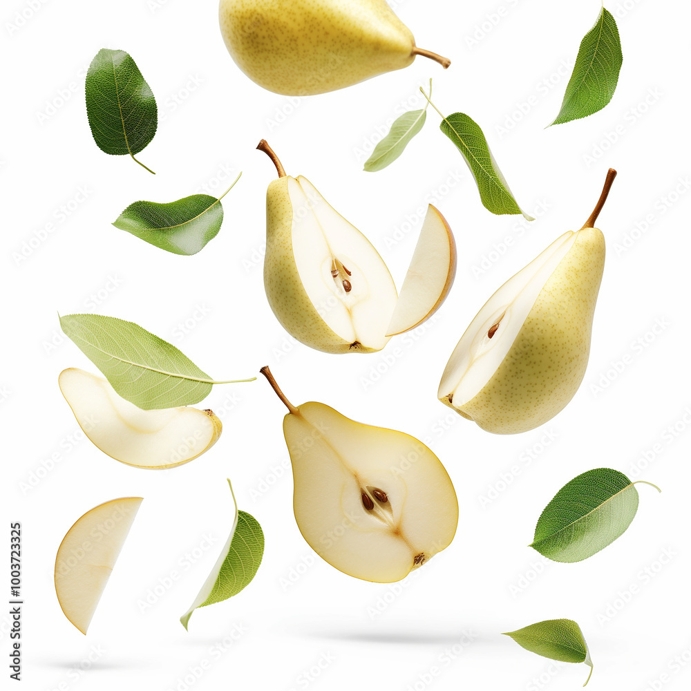 Pear with half slices falling, on white background Pear with half slices falling, on white background