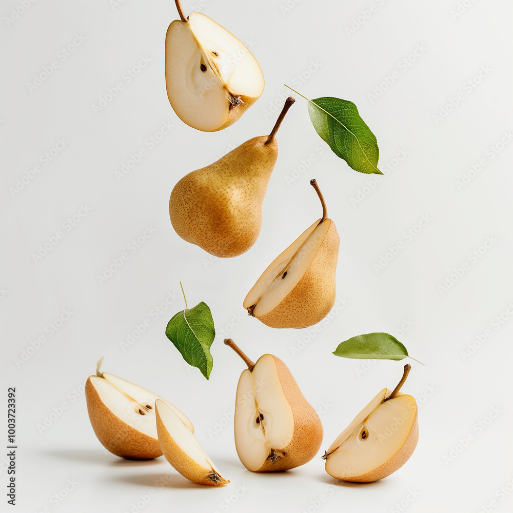 Obraz premium Pear with half slices falling, on white background
