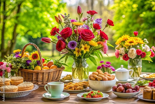 Wallpaper Mural Vibrant flowers and lush greenery adorn a beautifully set table, laden with an assortment of gourmet delicacies, perfect for a joyous Mother's Day celebration. Torontodigital.ca