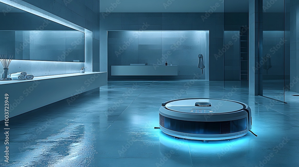 Modern Bathroom Scene with Hi-Tech Cleaning Robot Modern Bathroom Scene with Hi-Tech Cleaning Robot