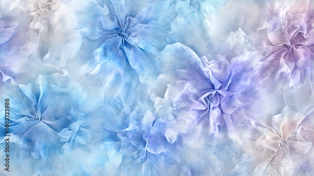 A handdyed tiedye fabric with bold abstract shapes and vibrant hues of blue and purple