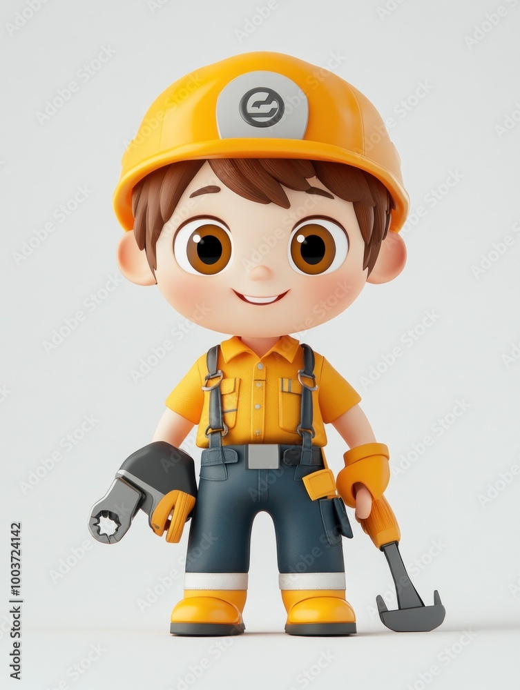 A cheerful cartoon character in a construction outfit, ready for work with tools.
