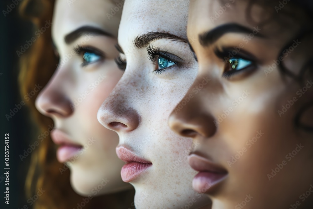 a close-up side profile of three women, each with distinct features, lined up one behind the other. They all have striking blue eyes and are looking intently in the same direction.