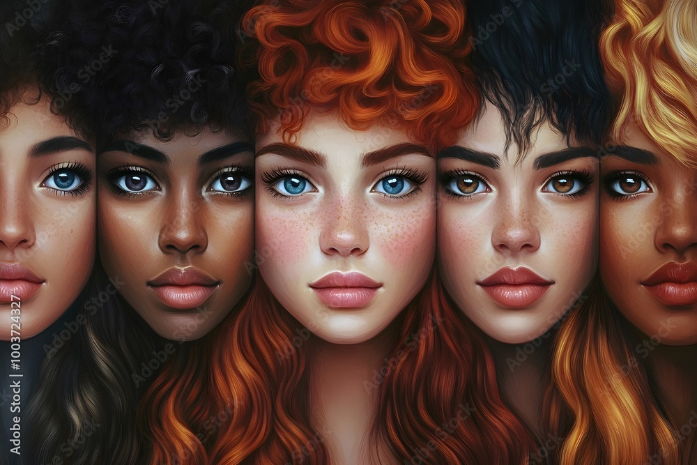 Obraz premium a digital artwork depicting five women with distinct facial features and hairstyles. They are positioned closely together, facing forward, and their faces fill the frame. 