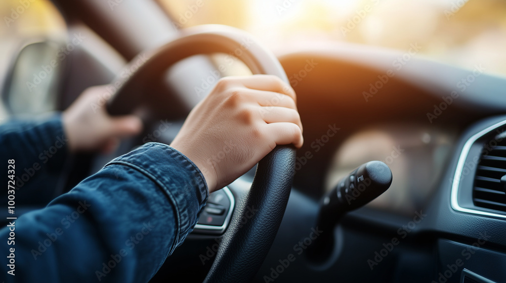 Hands gripping steering wheel with focused mood while driving in car interior Hands gripping steering wheel with focused mood while driving in car interior