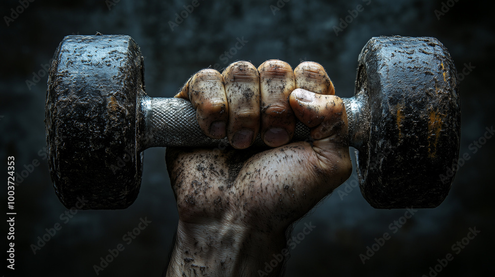Dirty hand gripping heavy dumbbell with determined mood raised in training context Dirty hand gripping heavy dumbbell with determined mood raised in training context