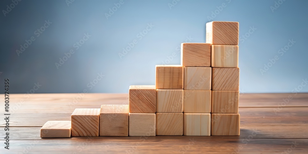 Wooden blocks stacked in a step-by-step formation, symbolizing business growth, success, and achievements, with a subtle hint of planning, development, and leadership towards customer target groups. Wooden blocks stacked in a step-by-step formation, symbolizing business growth, success, and achievements, with a subtle hint of planning, development, and leadership towards customer target groups.