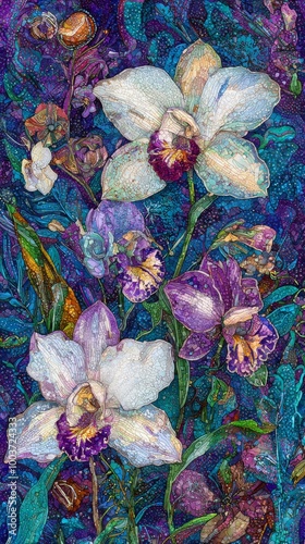  A painting of white and purple orchids against a deep purple and blue background, with bubbles of water at image bottom