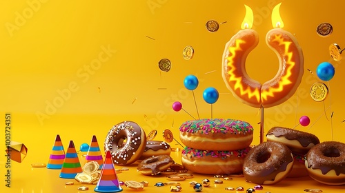  A vibrant Hanukkah scene with a glowing menorah, delicious donuts, spinning dreidels, and shiny chocolate coins all placed on a bright yellow background, radiating joy 
 photo