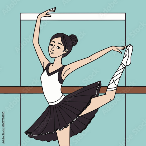 Graceful ballet dancer performing an elegant pose with a smile at a light blue background with a barre
