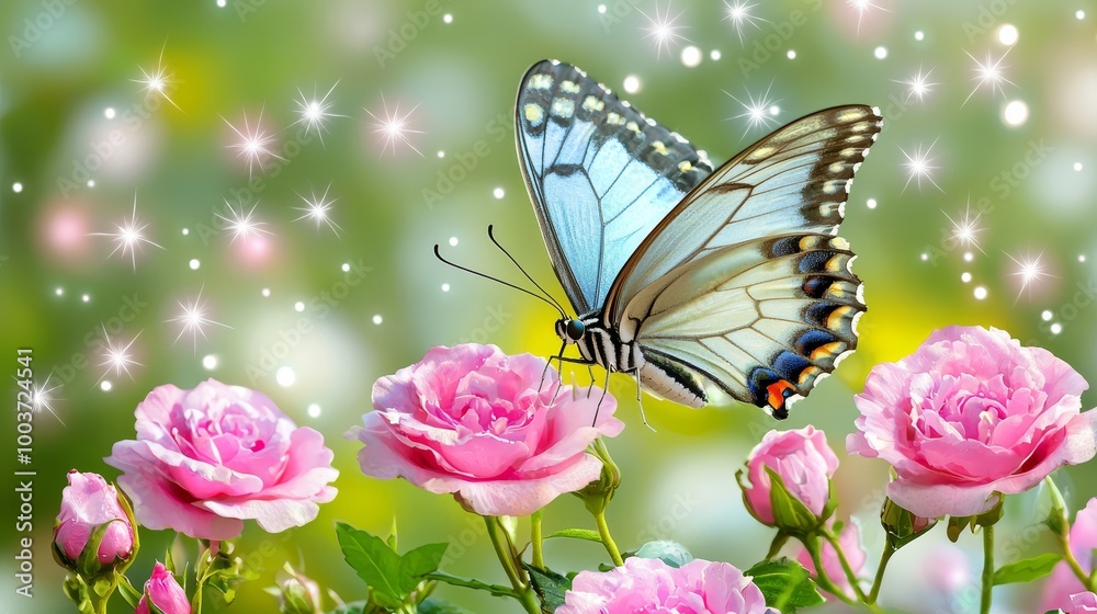 A butterfly atop a pink flower amidst roses, against a green-white backdrop A butterfly atop a pink flower amidst roses, against a green-white backdrop