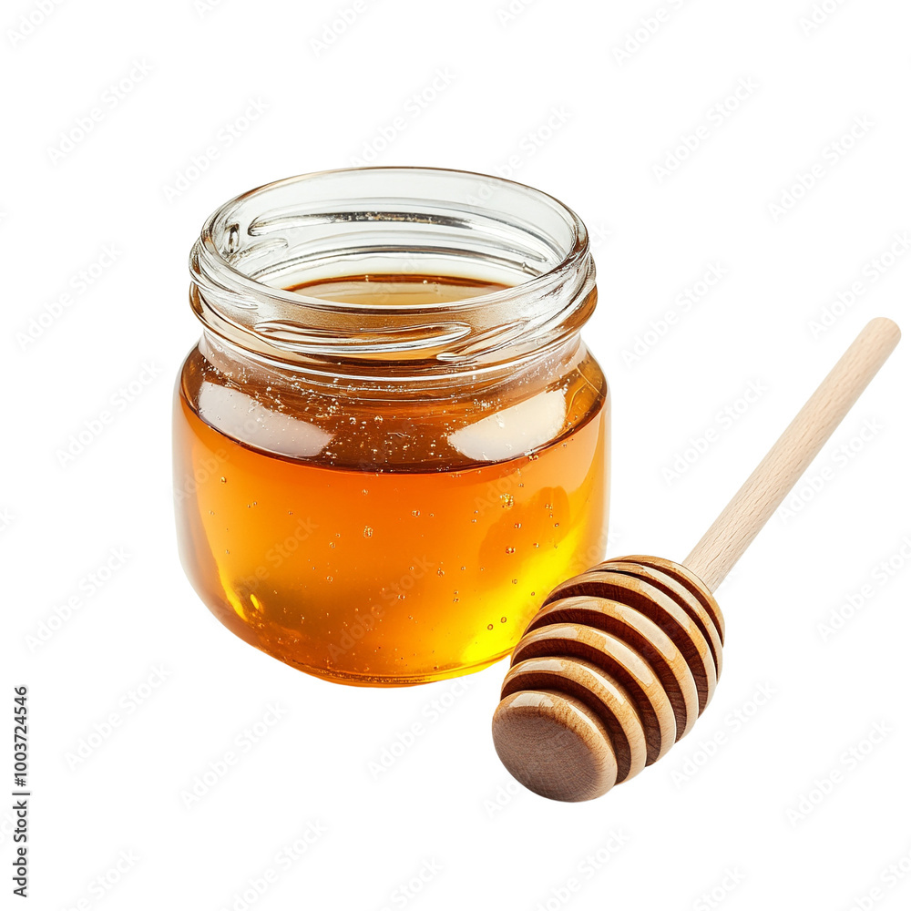 Jar of honey with honey dipper on white isolated background. Jar of honey with honey dipper on white isolated background.
